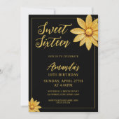 Elegante Gouden Glitter Bloem Sweet 16 Verjaardag Kaart (Voorkant)