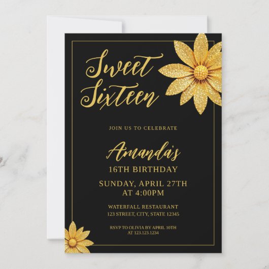 Elegante Gouden Glitter Bloem Sweet 16 Verjaardag Kaart (Voorkant)