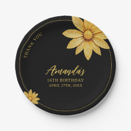 Elegante Gouden Glitter Bloem Sweet 16 Verjaardag Papieren Bordje