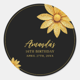 Elegante Gouden Glitter Bloem Sweet 16 Verjaardag Ronde Sticker