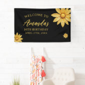 Elegante Gouden Glitter Bloem Sweet 16 Verjaardag Spandoek (Insitu)