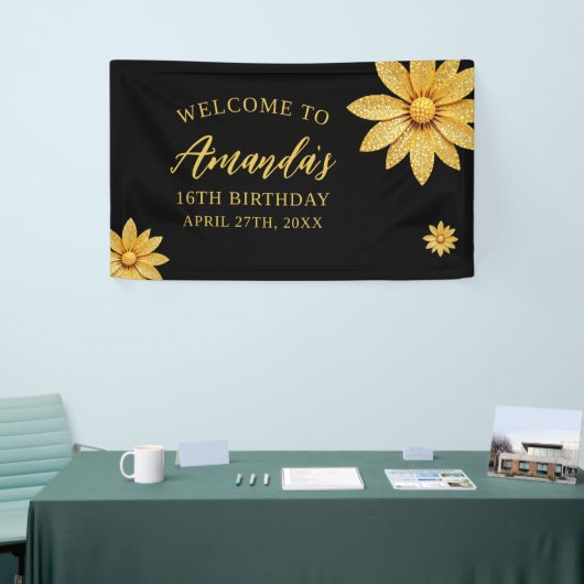Elegante Gouden Glitter Bloem Sweet 16 Verjaardag Spandoek (Beurs)