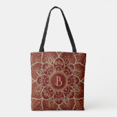 Elegante gouden glitter bloemenmandala op donkerro tote bag (Achterkant)
