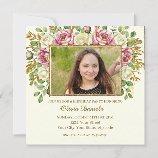 Elegante Gouden Glitter Bloemrijke Frame Persoonli (Voorkant)