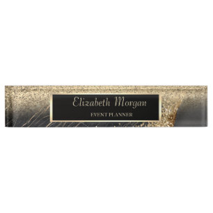 Elegante gouden glitter bokeh zwart marmer, lijst naambordje