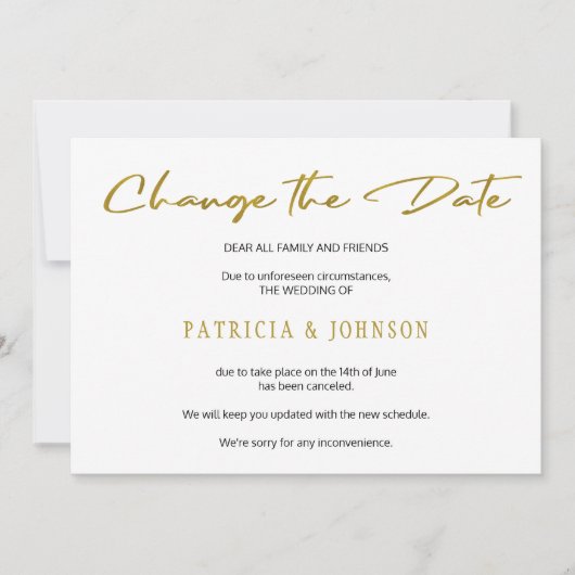 Elegante gouden glitter bruiloft wijzig datum save the date (Voorkant)