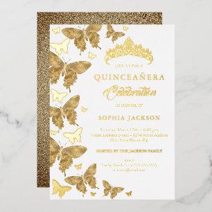 Elegante Gouden Glitter Butterfly Quinceanera Folie Uitnodiging