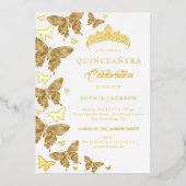 Elegante Gouden Glitter Butterfly Quinceanera Folie Uitnodiging (Voorkant)