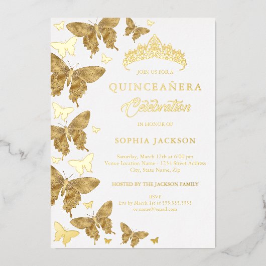 Elegante Gouden Glitter Butterfly Quinceanera Folie Uitnodiging (Voorkant)