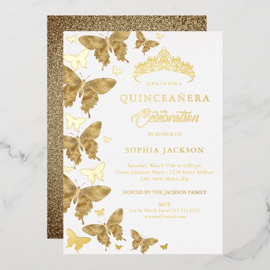 Elegante Gouden Glitter Butterfly Quinceanera Folie Uitnodiging (Voorkant / Achterkant)
