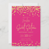 Elegante Gouden Glitter Confetti Sweet 16 Hot Pink Kaart (Voorkant)