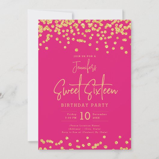 Elegante Gouden Glitter Confetti Sweet 16 Hot Pink Kaart (Voorkant)