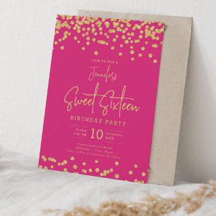 Elegante Gouden Glitter Confetti Sweet 16 Hot Pink Kaart