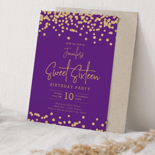 Elegante Gouden Glitter Confetti Sweet 16 Paarse Kaart