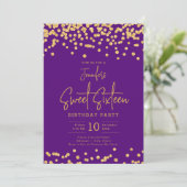 Elegante Gouden Glitter Confetti Sweet 16 Paarse Kaart (Staand voorkant)