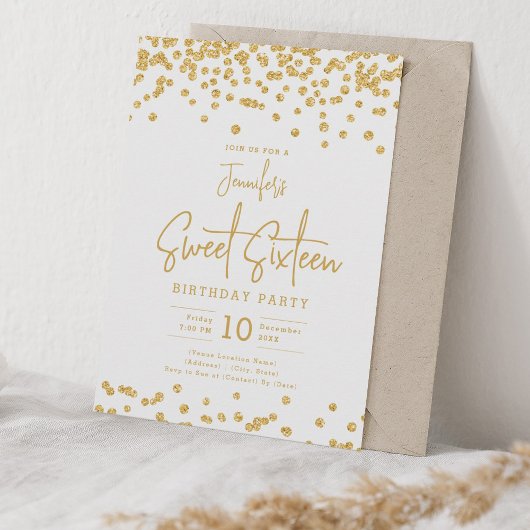 Elegante Gouden Glitter Confetti Sweet 16 Party Kaart