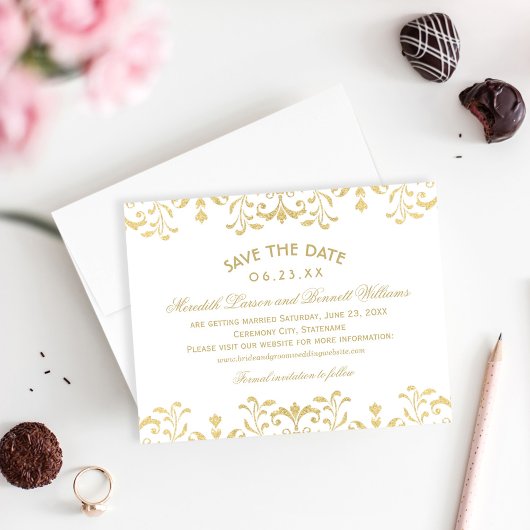 Elegante Gouden Glitter Damast Trouw Save The Date