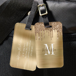 Elegante Gouden Glitter Drup Monogram Bagagelabel