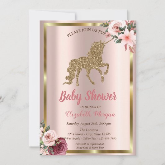 Elegante Gouden Glitter Eenhoorn Bloem Baby Shower Kaart (Voorkant)