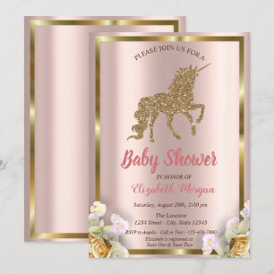 Elegante Gouden Glitter Eenhoorn Bloemen Baby Show Kaart