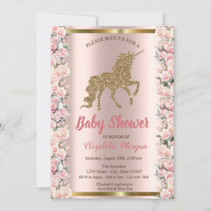 Elegante Gouden Glitter Eenhoorn Rozen Baby Shower Kaart