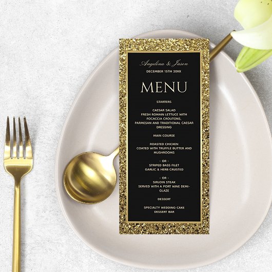 Elegante gouden glitter en zwarte bruiloft menu