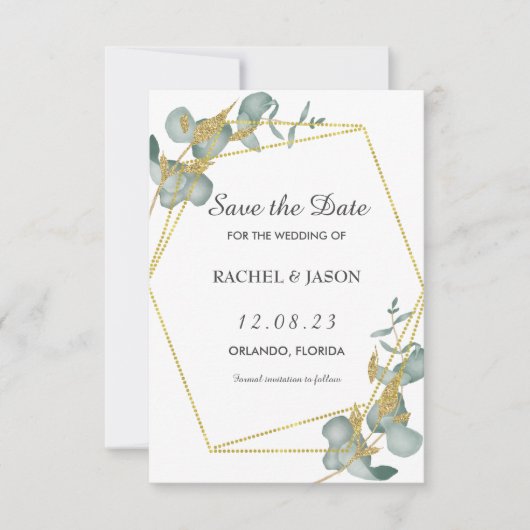 Elegante gouden glitter Eucalyptus groen Save The Date (Voorkant)