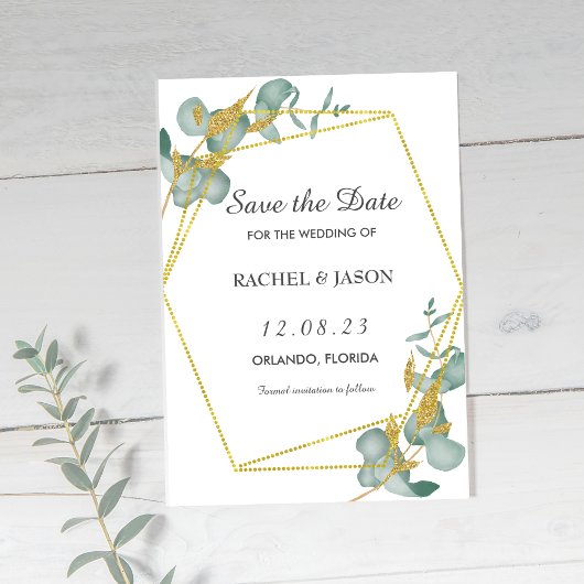 Elegante gouden glitter Eucalyptus groen Save The Date