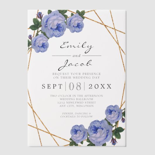 Elegante Gouden Glitter Geometrische Blauwe Bruilo Vellum Uitnodigingen (Voorkant)