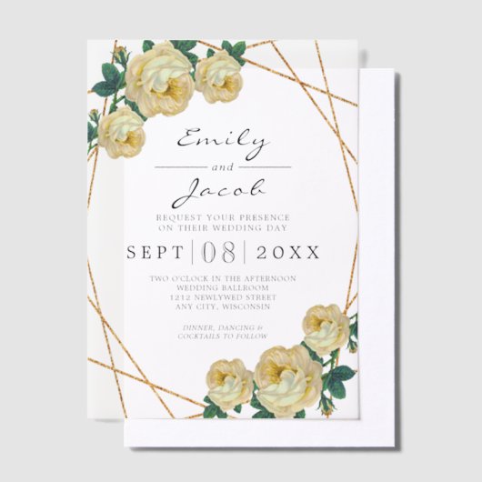 Elegante Gouden Glitter Geometrische Gele Huwelijk Vellum Uitnodigingen (Offset)