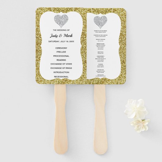 Elegante gouden glitter hart bruiloft programma fa handwaaier (Voorkant en achterkant)