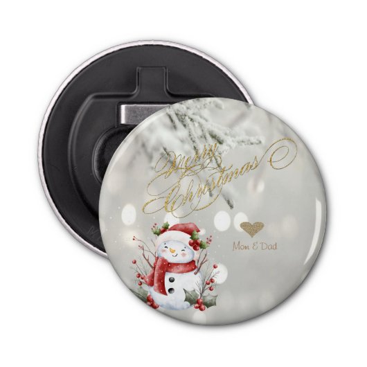 Elegante Gouden Glitter Hart Sneeuwman Button Flesopener (Voorkant)