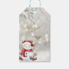 Elegante Gouden Glitter Hart Sneeuwman Cadeaulabel