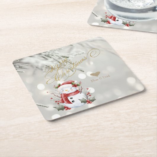 Elegante Gouden Glitter Hart Sneeuwman Kartonnen Onderzetters (Schuin)