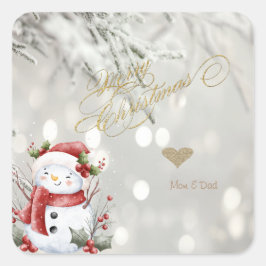 Elegante Gouden Glitter Hart Sneeuwman Vierkante Sticker