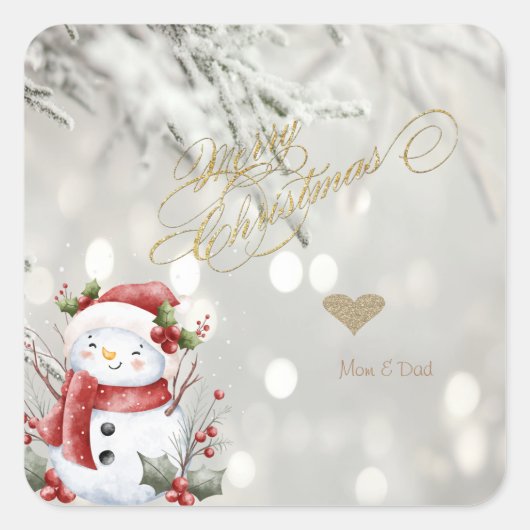 Elegante Gouden Glitter Hart Sneeuwman Vierkante Sticker (Voorkant)