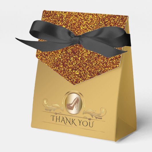 Elegante gouden glitter hoge hak schoenen bedankdoosjes (Voorkant Zijde)