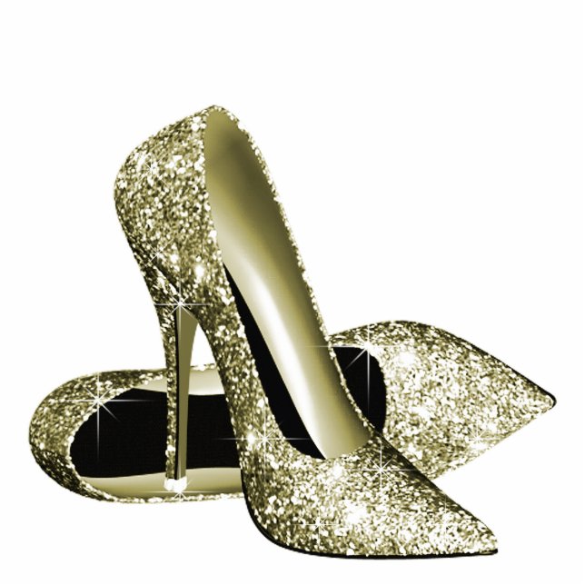 Elegante gouden glitter hoge hak schoenen staand fotobeeldje  (Voorkant)