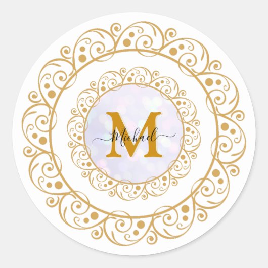 Elegante Gouden Glitter Initiaal & Naam Ronde Sticker (Voorkant)