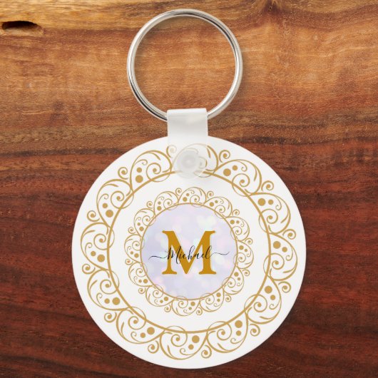 Elegante Gouden Glitter Initiaal & Naam Sleutelhanger (Voorkant)