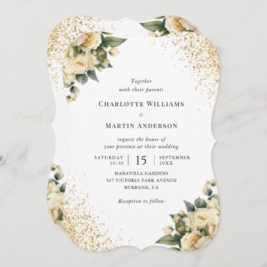 Elegante gouden glitter ivoor Rozen bloemenbruilof Kaart (Voorkant / Achterkant)