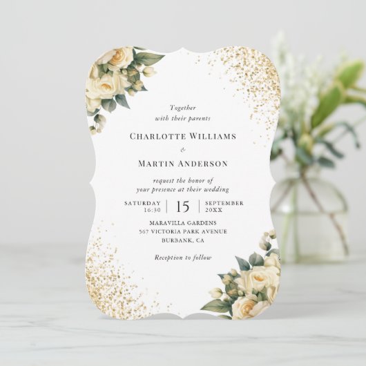Elegante gouden glitter ivoor Rozen bloemenbruilof Kaart (Staand voorkant)