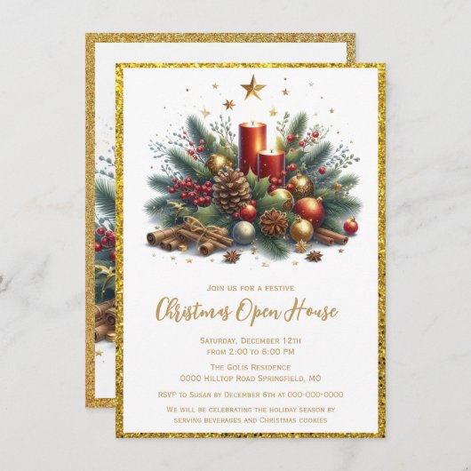 Elegante Gouden Glitter Kerst Open Huis Kaart (Voorkant / Achterkant)