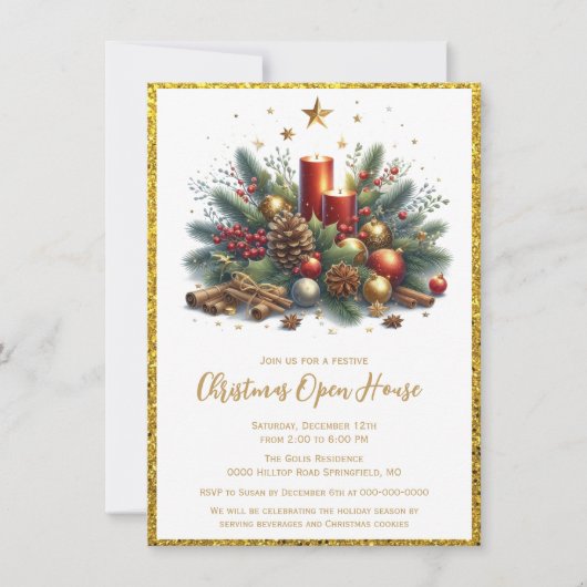Elegante Gouden Glitter Kerst Open Huis Kaart (Voorkant)