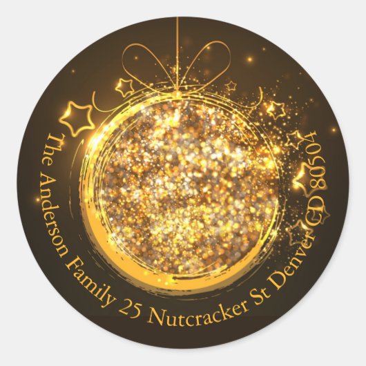 Elegante gouden glitter kerstbol envelop ronde sticker (Voorkant)