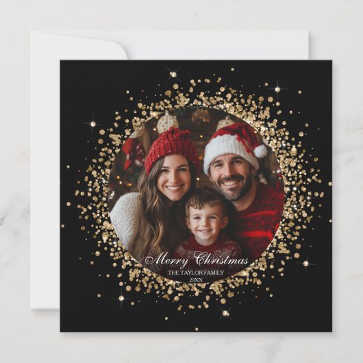 Elegante Gouden Glitter Kerstboom Familiefoto (Voorkant)