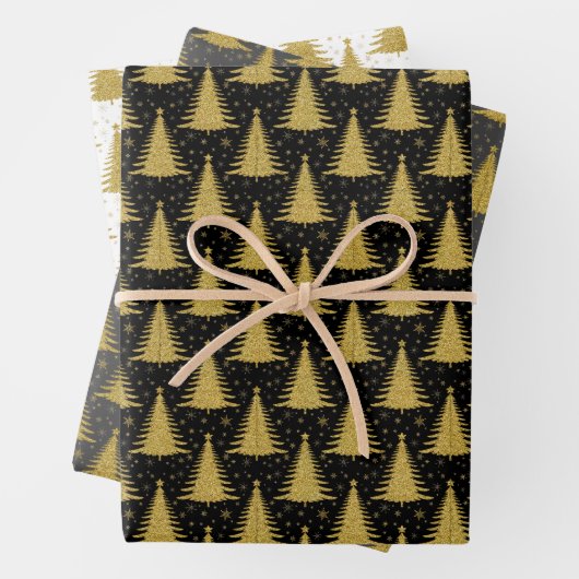 Elegante gouden glitter kerstboom patroon inpakpapier vel (In situ)