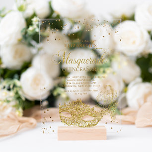 Elegante Gouden Glitter Maskerade Quinceañera Acryl Uitnodigingen