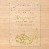 Elegante Gouden Glitter Masquerade Sweet 16 Acryl Uitnodigingen (Voorkant)