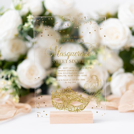 Elegante Gouden Glitter Masquerade Sweet 16 Acryl Uitnodigingen